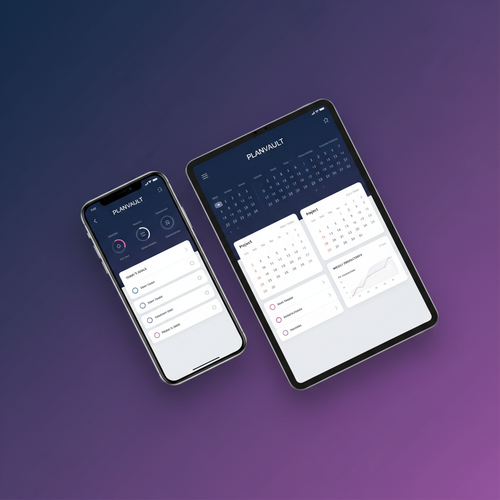 PlanVault Monthly — productivity planner app on smartphone and tablet