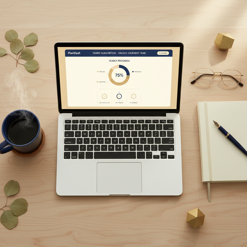 PlanVault Yearly — aspirational desk setup with goal-tracking dashboard